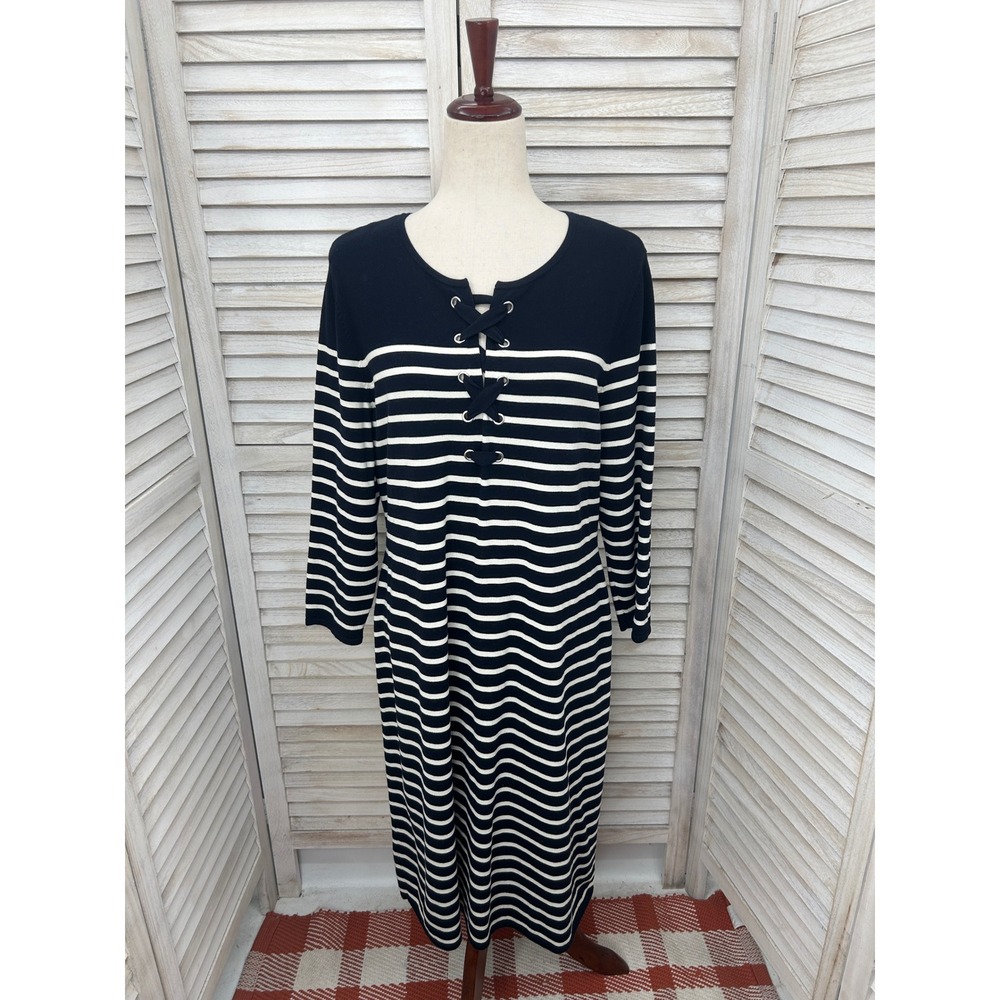 Talbots Sweater Dress Large Navy White Striped Knit Coastal Preppy Nautical